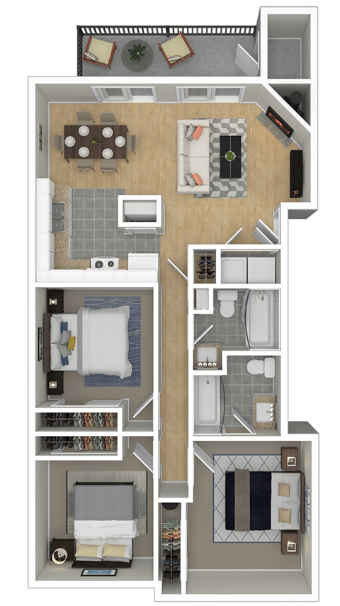 Floor plan for 3 beds, 2 baths, 1044 sqft